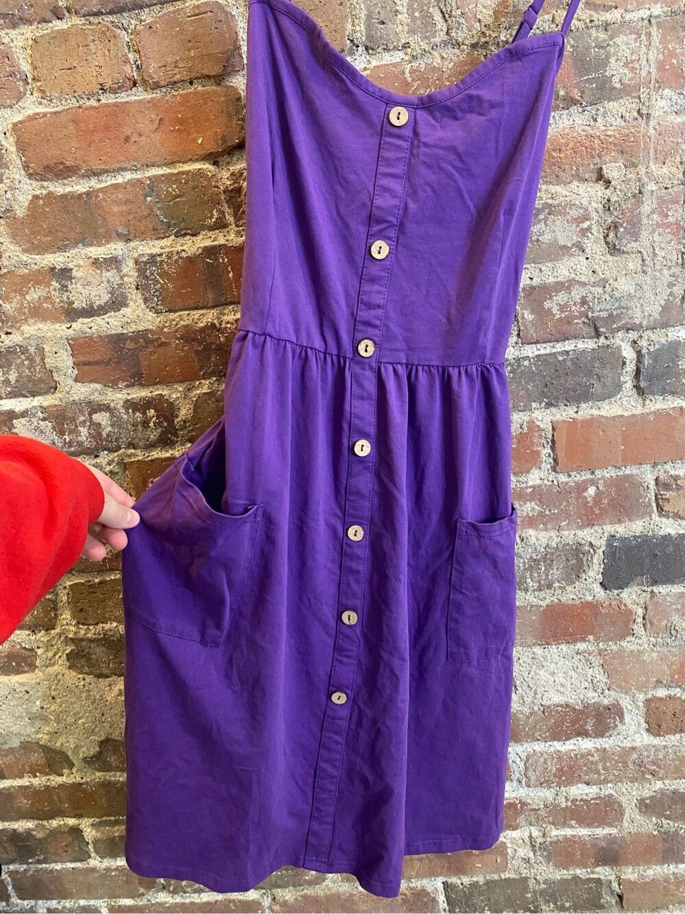 Amazon Brand Purple Jersey Faux Buttoned Spaghetti Strap Shirt Dress with Pocket